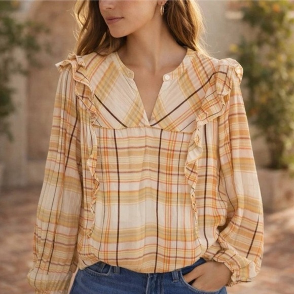 NWOT Anthropologie Polly Ruffled Peasant Blouse Plaid Top Medium - Picture 2 of 16